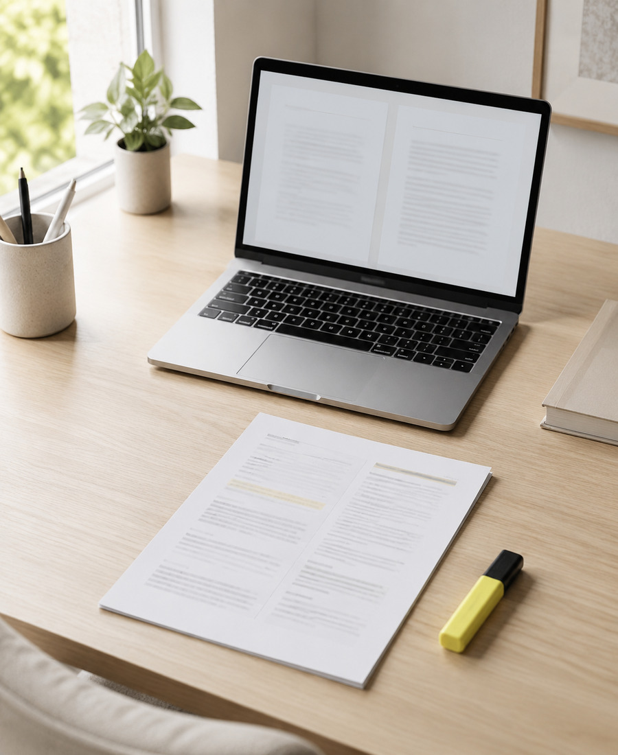 Schreibtisch mit Laptop, Dokument und Textmarker