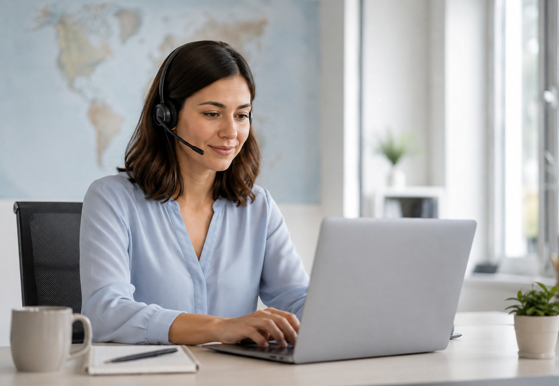 Übersetzerin mit Headset bei der Arbeit am Schreibtisch